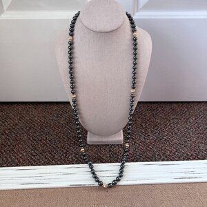 Hematite heavy bead long lanyard necklace gunmetal grey gold tone